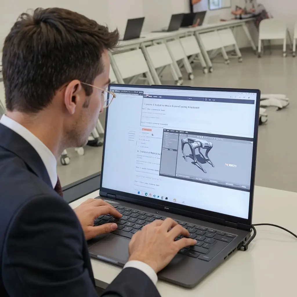deep-robotics-lite3-quadruped-robot-programming-education-research-classroom A young professor programming the DEEP Robotics Lite 3 quadruped robot on his laptop in a classroom for robotics education and research