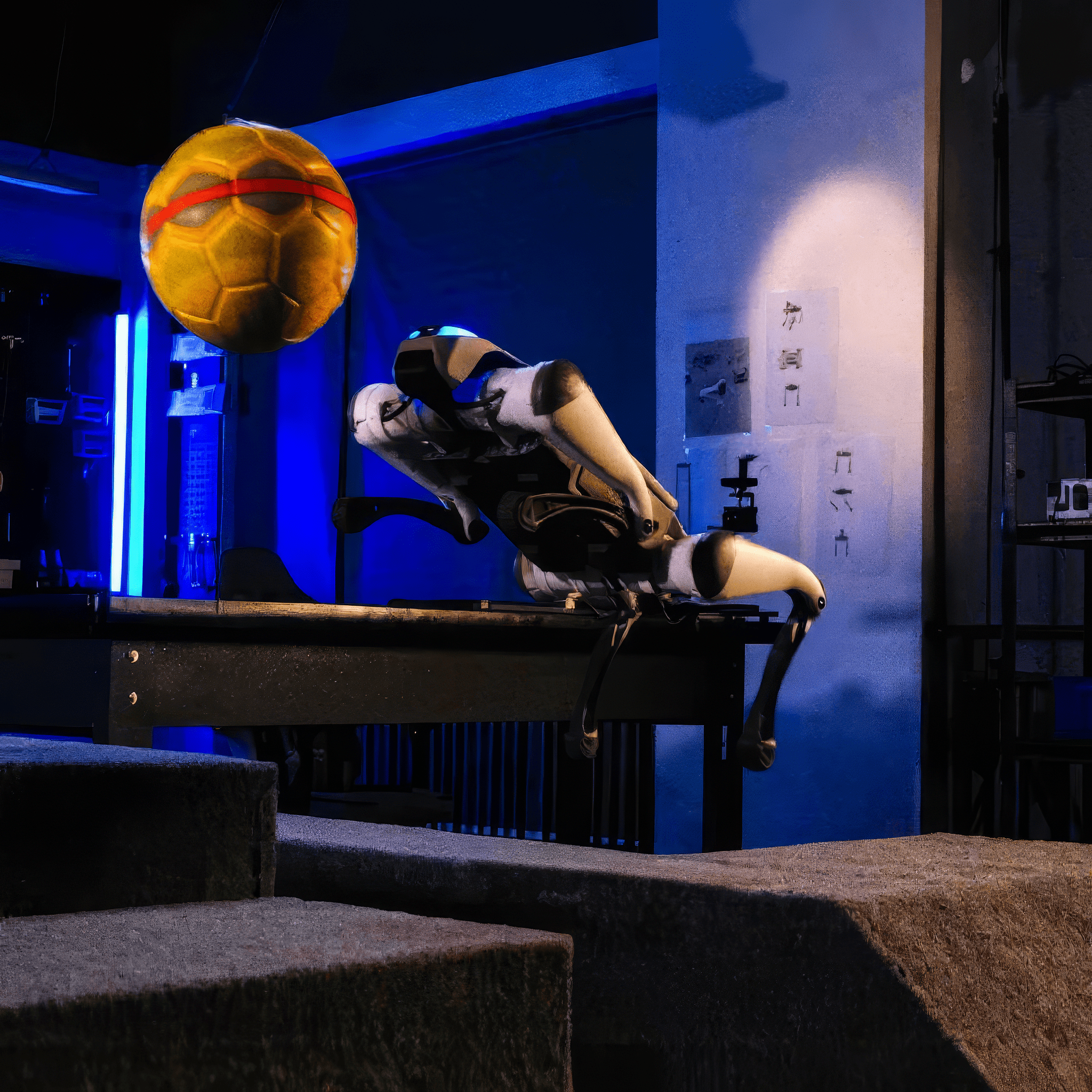 DEEP Robotics Lite 3 quadruped robot jumping in the air and hitting a football, demonstrating agility and AI motion control