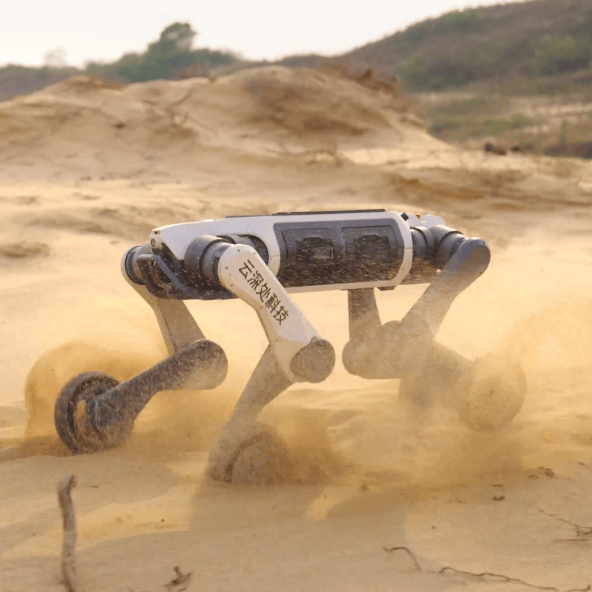 DEEP Robotics Lynx M20 quadruped robot traveling through desert terrain demonstrating all-terrain mobility, balance, and AI navigation capabilities