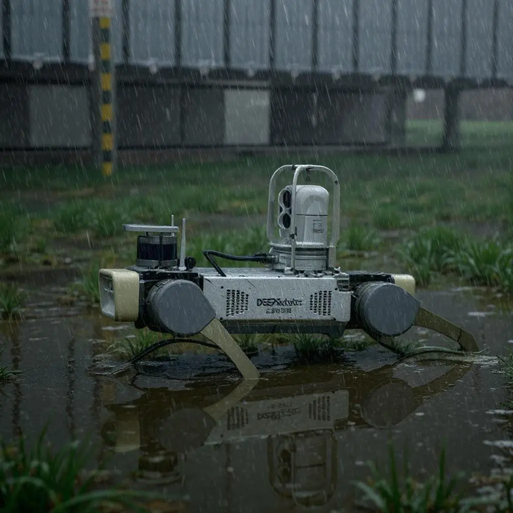 DEEP Robotics X20 quadruped robot carrying a camera while walking in water during an outdoor inspection task