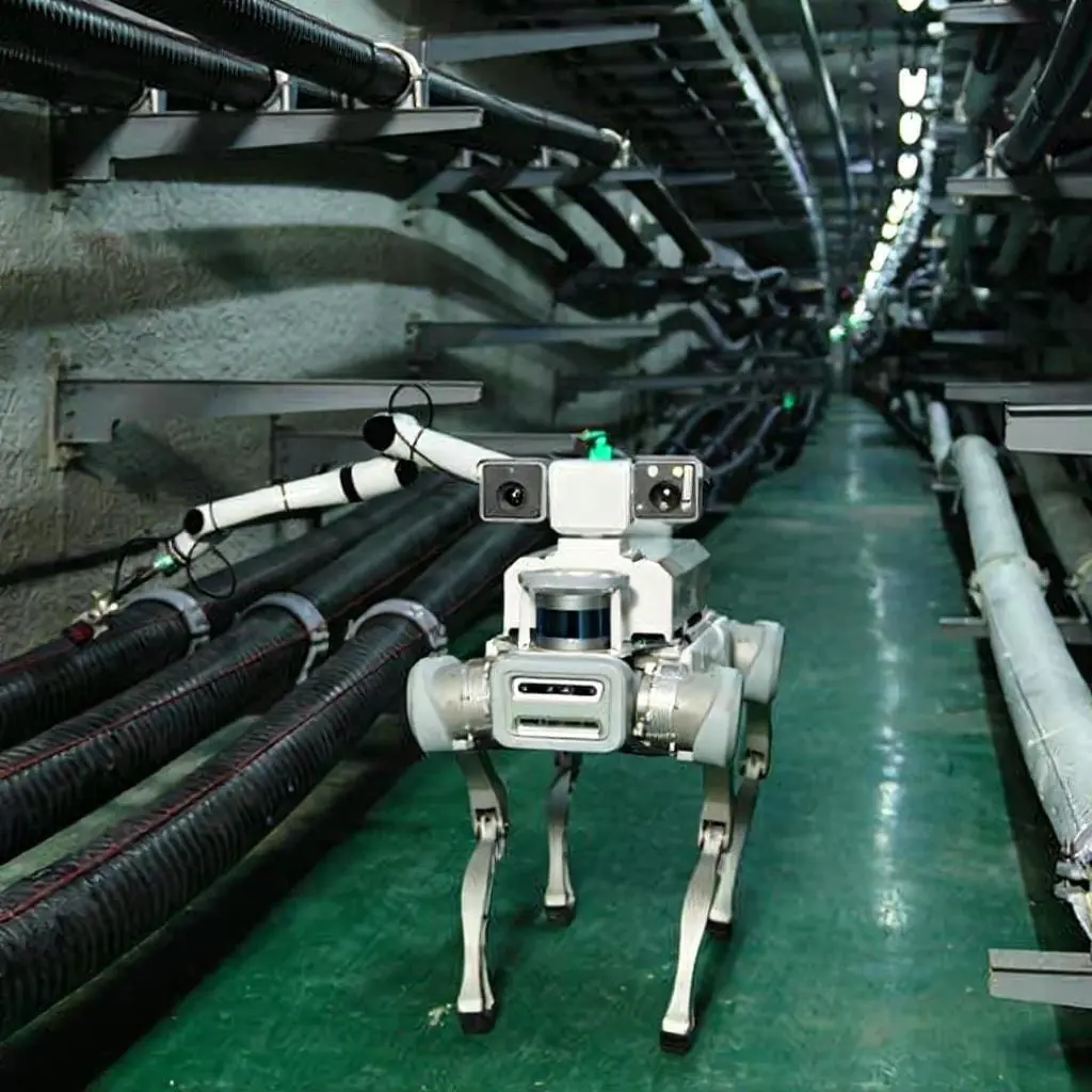 DEEP Robotics X20 quadruped robot carrying a bi-spectrum camera and robotic arm performing inspection in an underground power tunnel