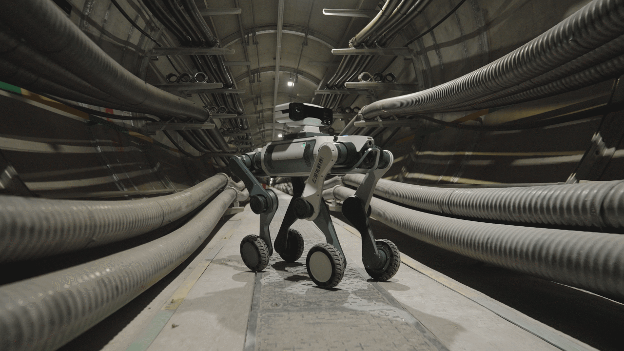 DEEP Robotics Lynx M20 Pro quadruped robot equipped with an HD inspection camera performing intelligent power station inspection and maintenance tasks.
