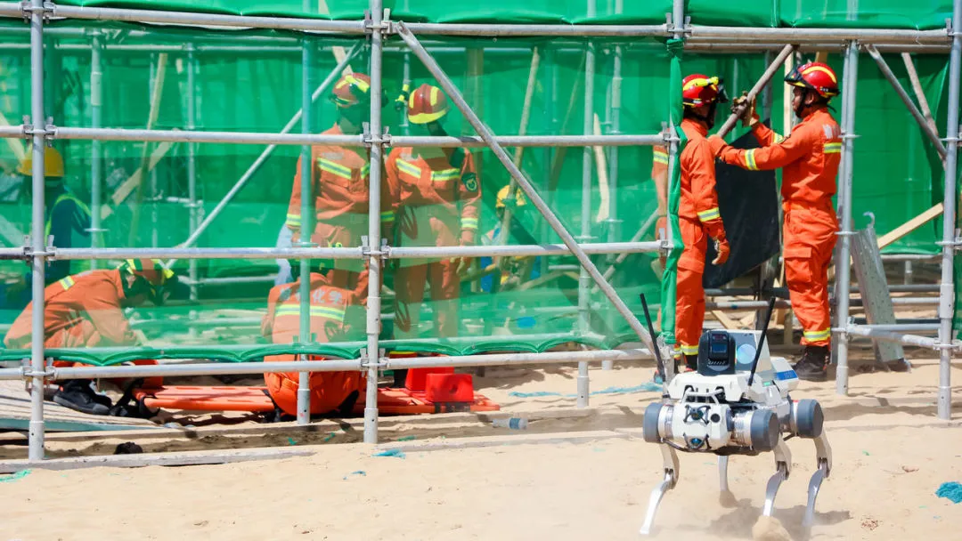 DEEP Robotics X30 quadruped robot performing an emergency rescue task, supporting disaster response, rugged-terrain navigation, and autonomous inspection operations.
