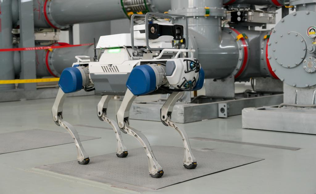 DEEP Robotics X30 quadruped robot performing autonomous power inspection at industrial site, demonstrating advanced mobility, AI vision, and inspection automation capabilities.