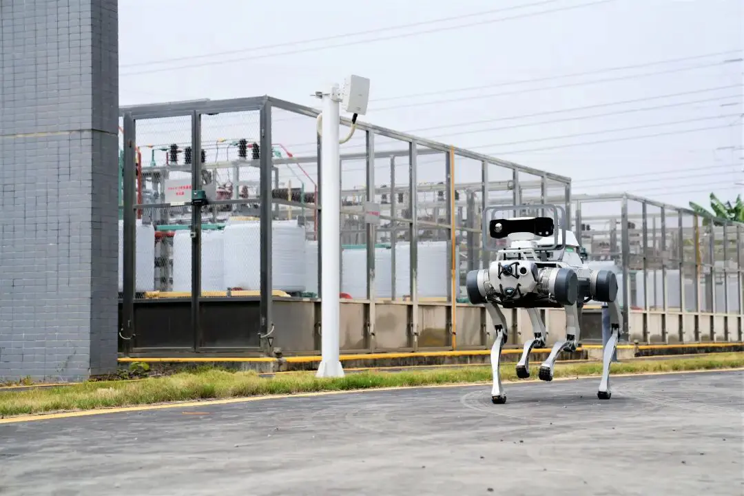 DEEP Robotics X30 quadruped robot performing autonomous power inspection at industrial site, demonstrating advanced mobility, AI vision, and inspection automation capabilities.