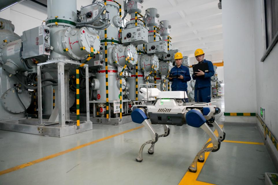 DEEP Robotics X30 quadruped robot performing autonomous power inspection at industrial site, demonstrating advanced mobility, AI vision, and inspection automation capabilities.