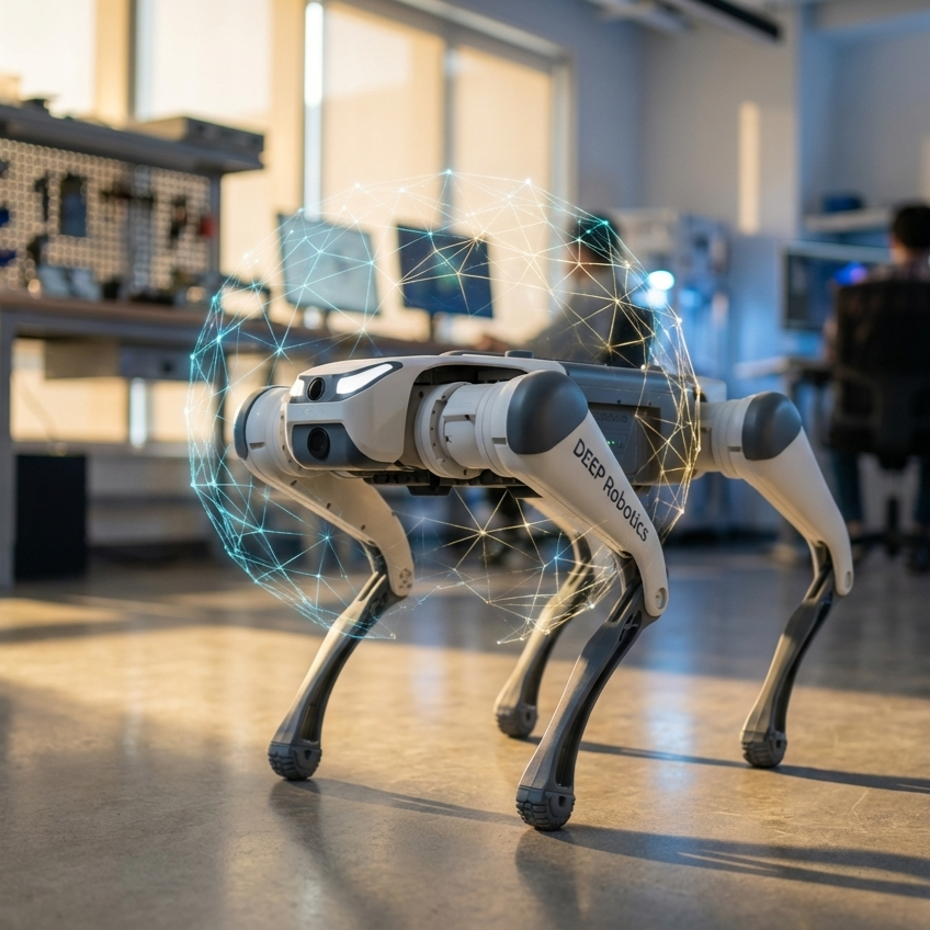 A DEEP Robotics Lite3 quadruped robot standing in a modern university laboratory with a glowing holographic neural network mesh overlay representing Physical AI and machine learning.