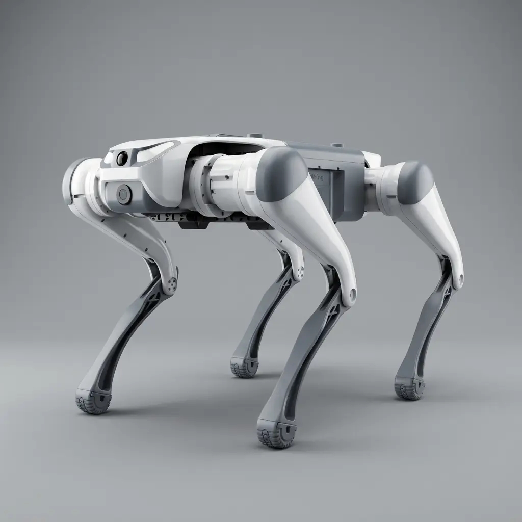 A white and grey DEEP Robotics Lite3 quadruped robot, designed for education, research, and industrial applications, stands on a grey background. This agile robot dog features advanced motion control, a modular design for sensor integration like LiDAR and depth cameras, and supports AI-driven autonomous navigation and reinforcement learning for complex tasks and terrain adaptation.