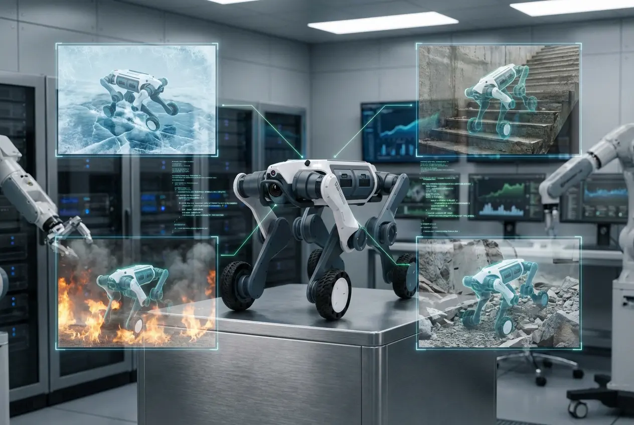 A conceptual visualization of domain randomization featuring a central DEEP Robotics Lynx M20 quadruped robot in a high-tech laboratory with holographic overlays showing it navigating extreme terrains including fire, ice, stairs, and rubble.