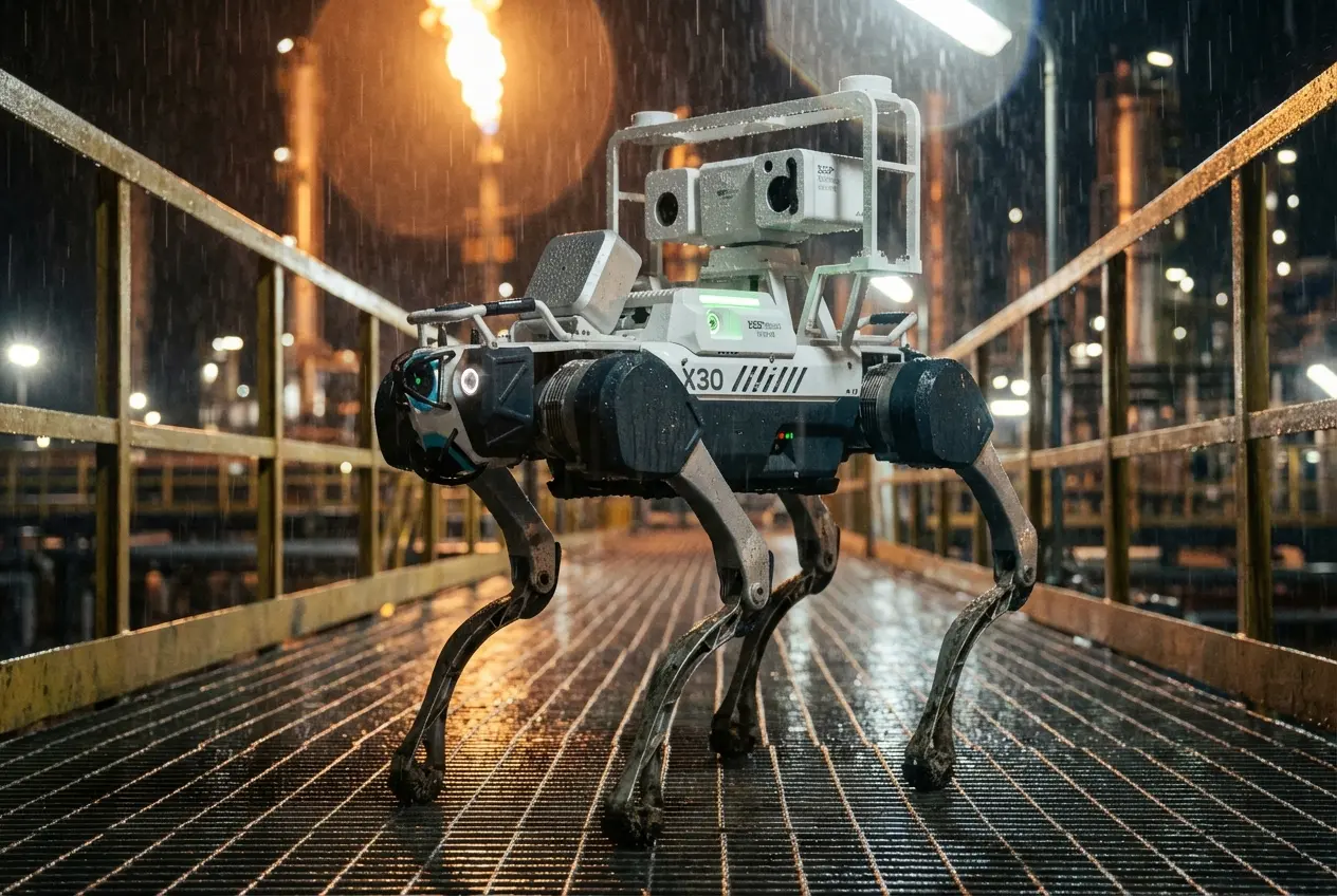 A rugged DEEP Robotics X30 industrial quadruped robot with an IP67 waterproof rating standing on a wet metal grating walkway during a heavy night rainstorm at an oil refinery facility.