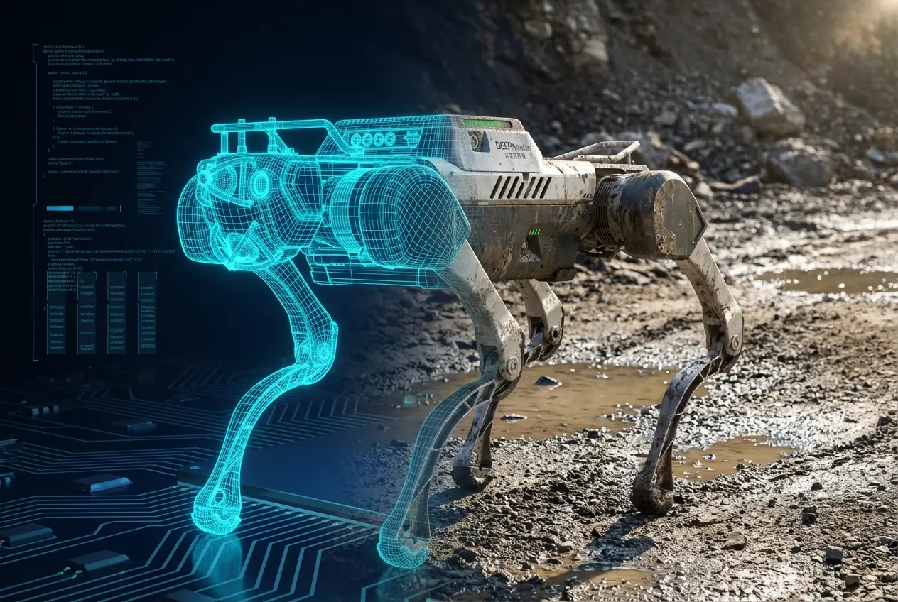 A cinematic split-composition visualization of a DEEP Robotics X30 quadruped robot transitioning from a glowing blue digital wireframe simulation on the left to a photorealistic, weathered industrial machine on a muddy construction site on the right, representing Physical AI and Sim-to-Real technology.