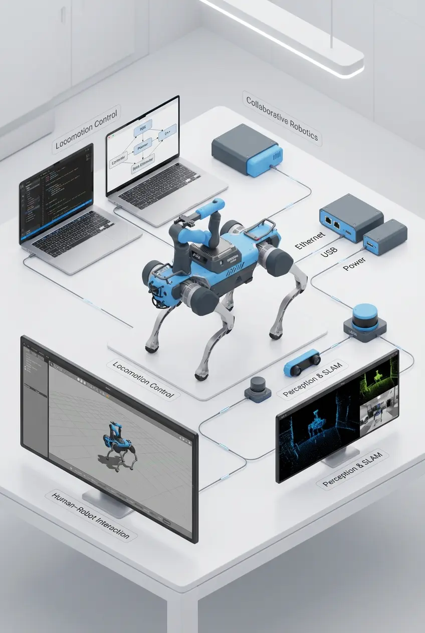 DEEP Robotics X30 quadruped robot connected to a comprehensive development environment, showcasing its locomotion control, perception, and SLAM capabilities. The setup features laptops running code and a ROS (Robot Operating System) diagram for programming and control, external sensors including a LiDAR unit and a stereo camera for perception, and monitors displaying real-time robot simulation, 3D mapping data, and visual SLAM output. This system demonstrates the X30's use in industrial inspection and autonomous navigation applications.