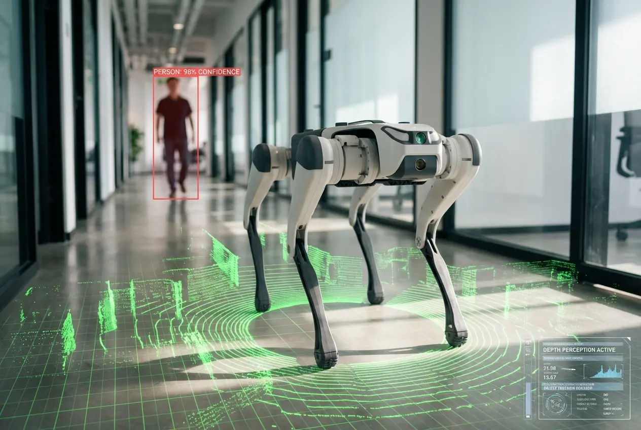A DEEP Robotics Lite3 quadruped robot navigating a modern office corridor, featuring an augmented reality HUD with a green LiDAR point cloud floor map and a red YOLO-style bounding box detecting a human in the distance.