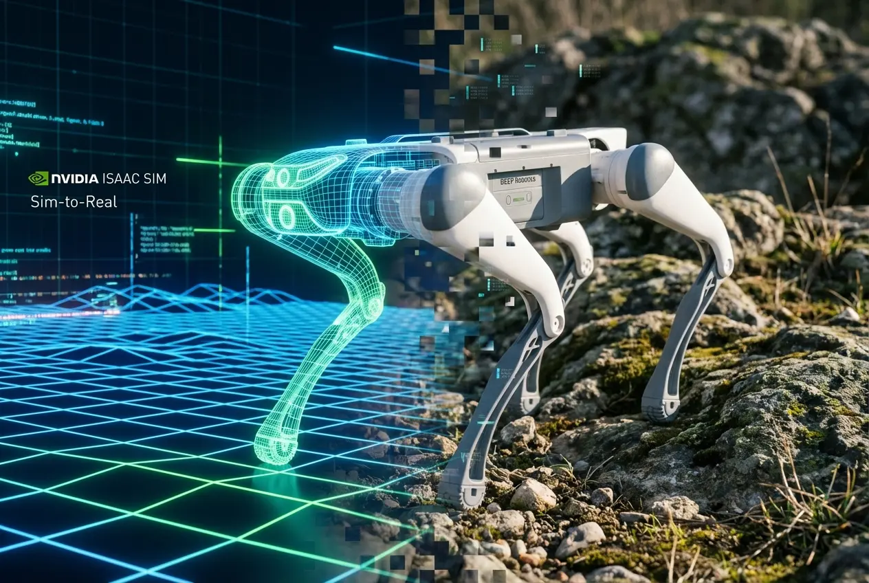 A split-screen visualization of sim-to-real transfer showing a digital wireframe simulation of a DEEP Robotics Lite3 robot dog in NVIDIA Isaac Sim transitioning into a physical DEEP Robotics Lite3 quadruped robot walking on real-world rocky terrain.