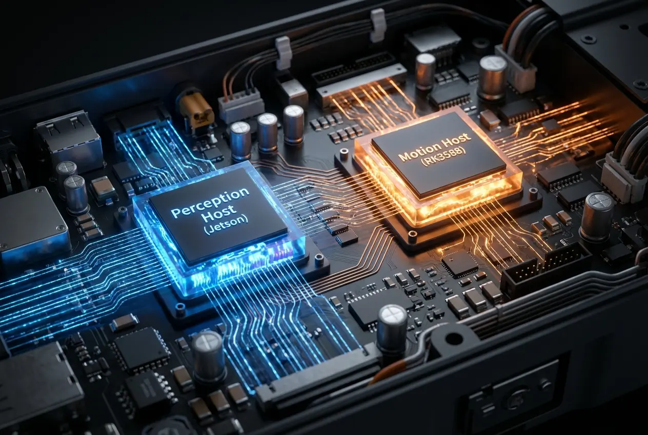 A technical macro visualization of a DEEP Robotics Lite3 quadruped robot's internal computing hardware featuring a 'Perception Host (Jetson)' with blue data streams and a 'Motion Host (RK3588)' with orange energy pathways on a detailed circuit board.