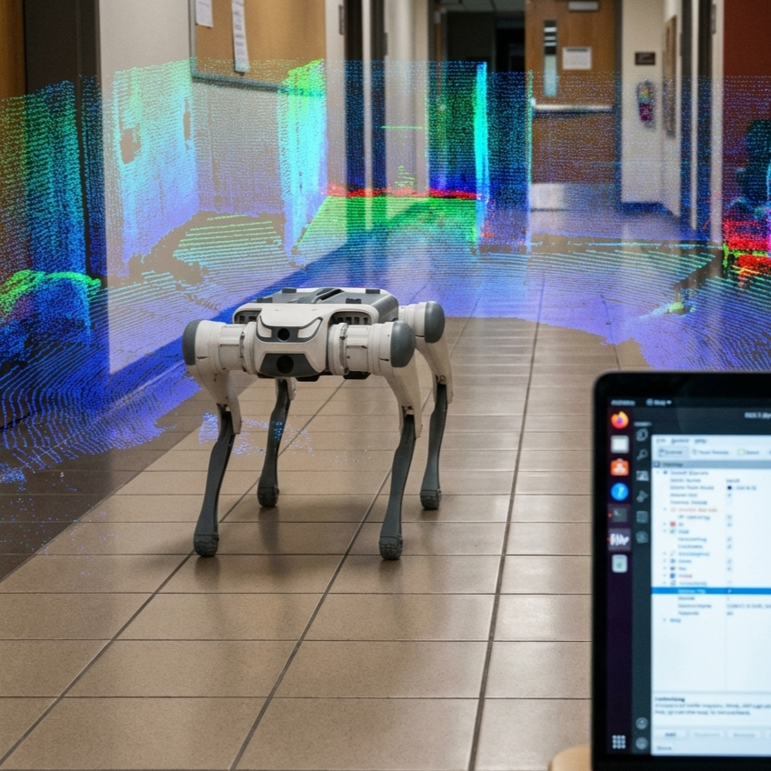 A DEEP Robotics Lite3 quadruped robot autonomously navigating a tiled university corridor, featuring a colorful 3D SLAM point cloud overlay and a foreground laptop screen showing a ROS 2 mapping interface.