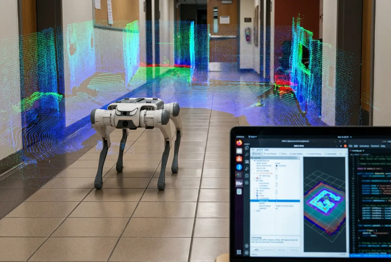 A DEEP Robotics Lite3 quadruped robot autonomously navigating a tiled university corridor, featuring a colorful 3D SLAM point cloud overlay and a foreground laptop screen showing a ROS 2 mapping interface.