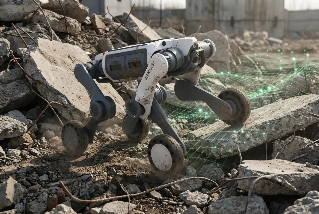 A Deep Robotics Lynx M20 wheel-legged robot navigates a disaster site of concrete rubble and rebar. A green wireframe grid overlay visualizes Model Predictive Control (MPC) and Blind Locomotion algorithms analyzing terrain for foot placement.