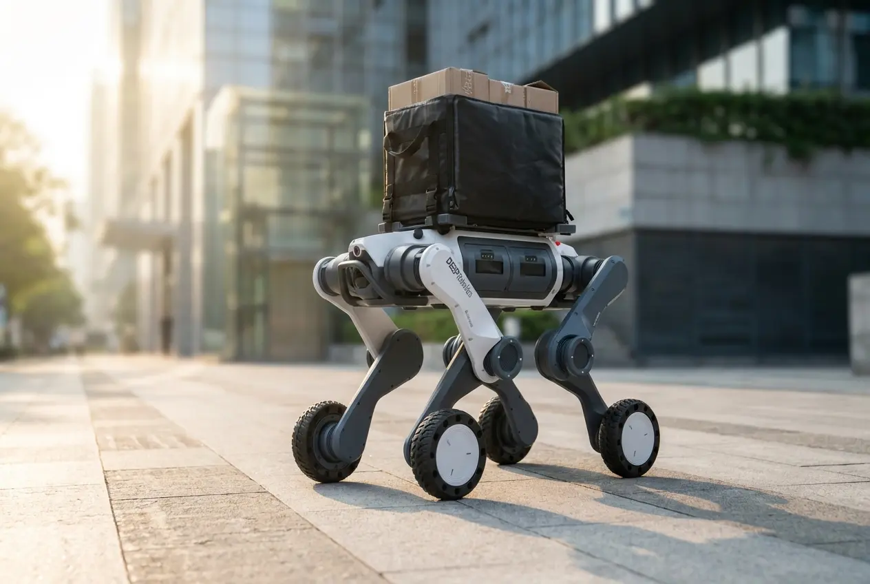A photorealistic eye-level medium shot of the DEEP Robotics Lynx M20 Pro, a quadruped robot with powered wheels at the ends of its legs. The robot carrying a secured logistics package box on its back. It is positioned on a clean paved city sidewalk with blurred modern architecture in the background. Soft morning sunlight, high dynamic range, 8k resolution, cinematic depth of field.