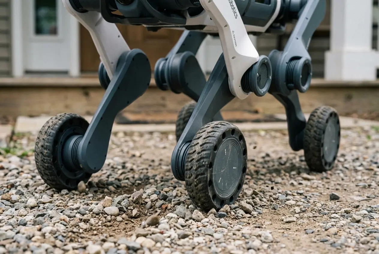 A close-up view of an autonomous DEEP Robotics Lynx M20 delivery robot's high-traction wheels and complex suspension system maneuvering over uneven gravel on a residential path.