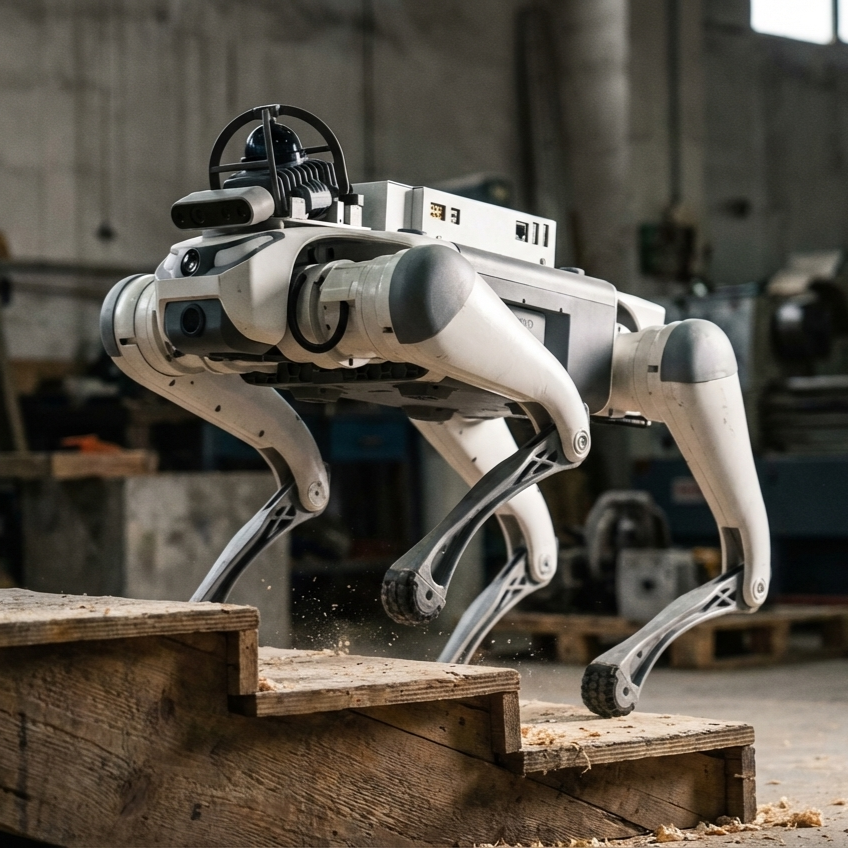 A high-resolution photograph of the DEEP Robotics Lite3 quadruped robot navigating wooden test stairs in an industrial workshop, showcasing its mechanical balance and torque with cinematic side lighting.