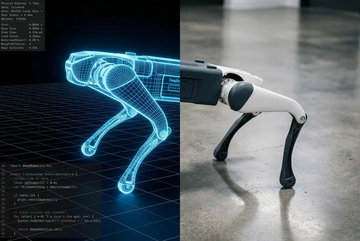 A composite split-screen image illustrating the Sim-to-Real process for the DeepRobotics Lite3 quadruped robot, featuring a blue digital wireframe simulation in a physics engine on the left and the physical robot on a real-world lab floor on the right.