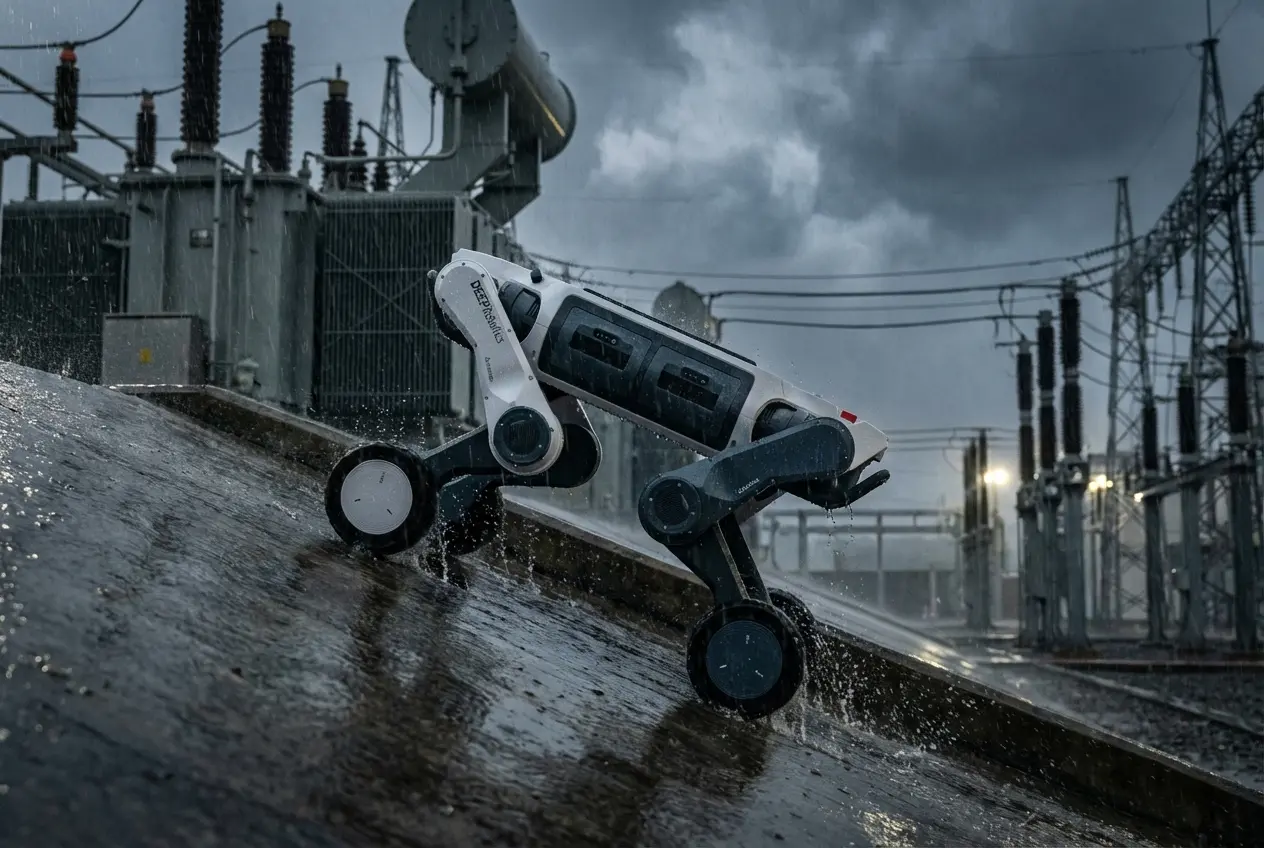 Industrial Deep Robotics Lynx M20 wheel-legged robot climbing a steep 45-degree wet concrete slope at an electrical substation during a heavy rainstorm, showcasing its IP66-rated waterproof casing and agility near high-voltage transformers.
