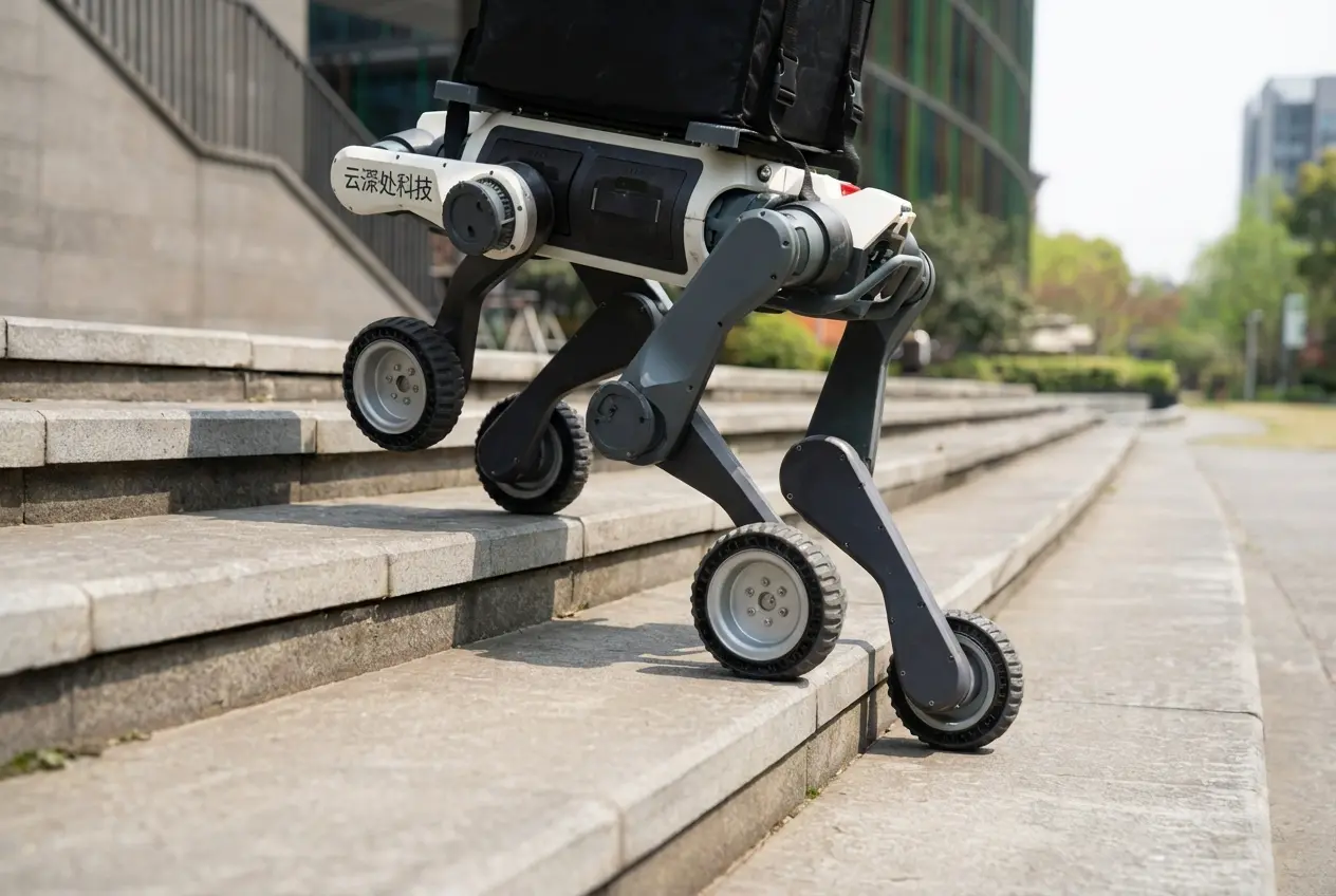 A DEEP Robotics Lynx M20 Pro quadruped robot by DeepRobotics uses its hybrid wheel-leg mechanism to navigate concrete outdoor stairs, showcasing agility and advanced mechanical actuators.